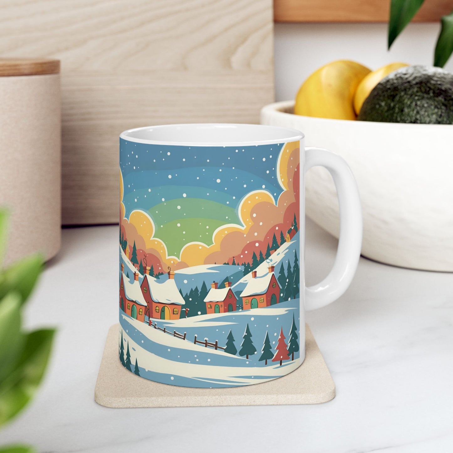 Ceramic Mug Winter Snow Scene, Town and Trees Holiday Gift, Winter Coffee Cup, Festive Hot Cocoa Mug, Christmas Gift, Seasonal Tea
