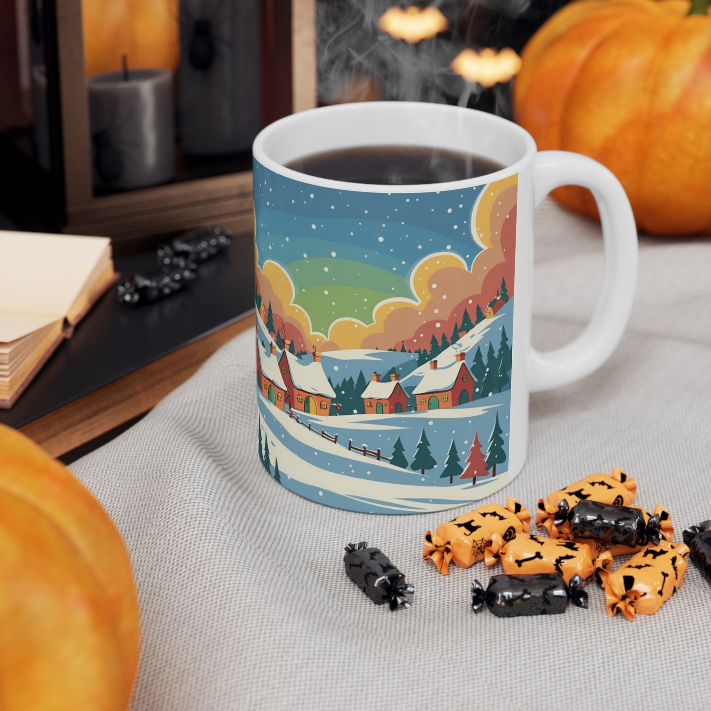 Ceramic Mug Winter Snow Scene, Town and Trees Holiday Gift, Winter Coffee Cup, Festive Hot Cocoa Mug, Christmas Gift, Seasonal Tea