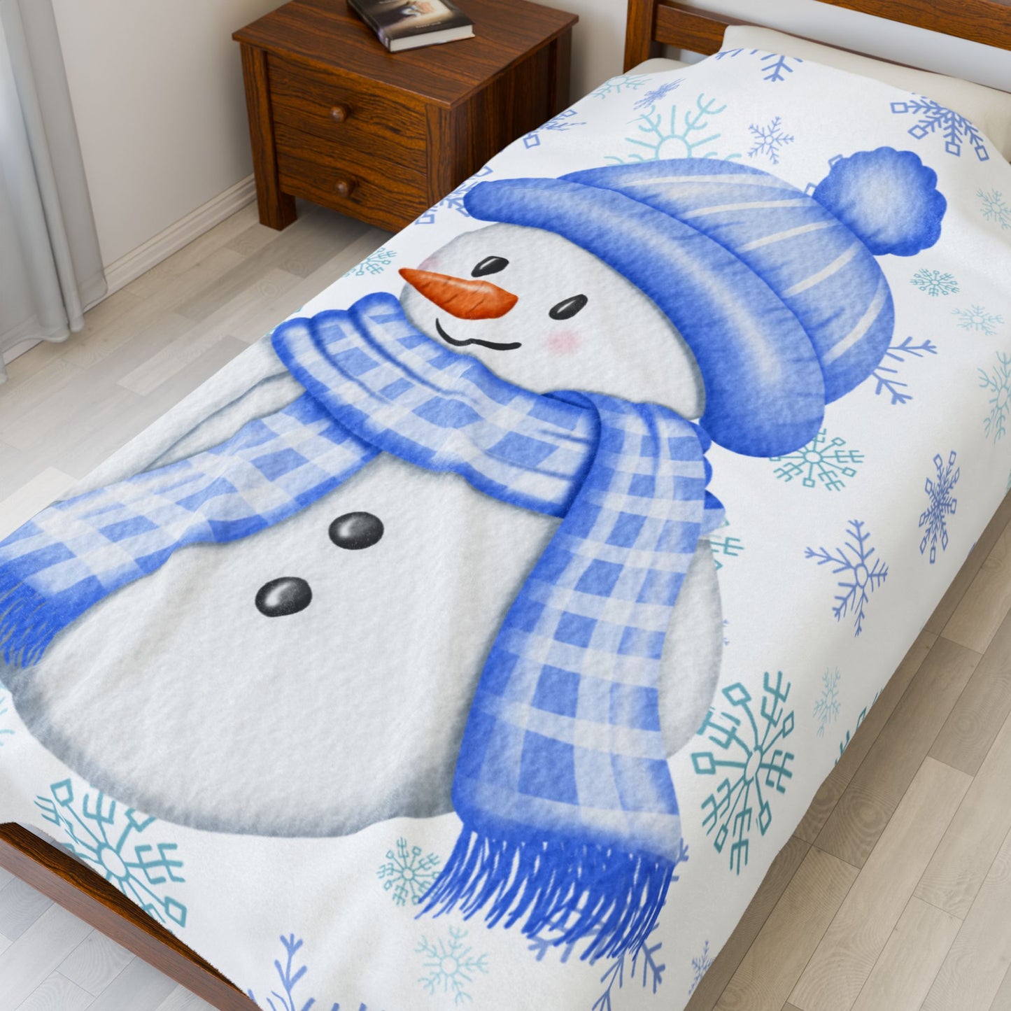 Cozy Blue Snowman Velveteen Plush Blanket | Winter Decor, Gift for Kids, Holiday Snuggle Blanket, Soft Warm Home Accessory, Seasonal Throw