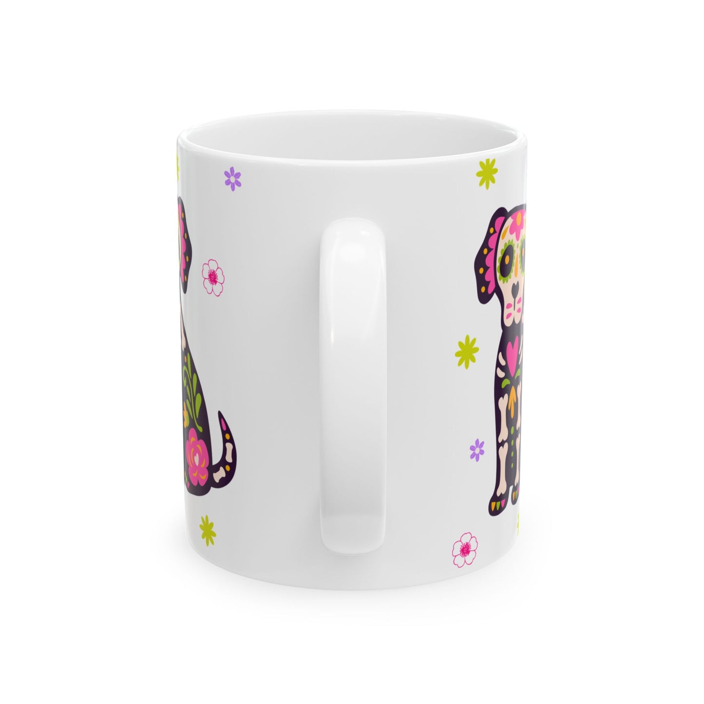 Colorful Day of the Dead Ceramic Mug, Halloween Gift, Sugar Skull Cup, Dog Lover's Mug, Festive Coffee Tea Cup