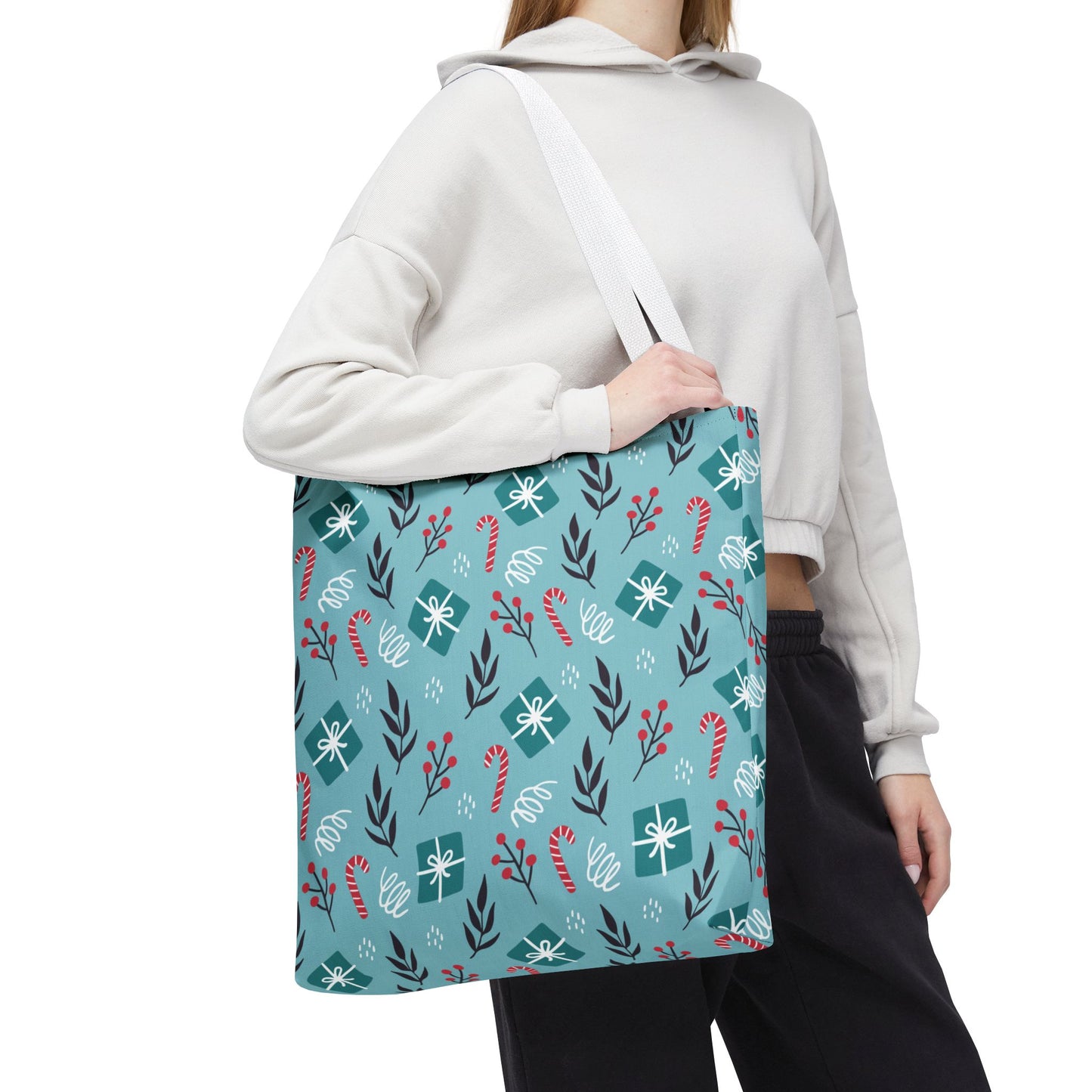 Holiday Gift Pattern Tote Bag – Teal Christmas Candy Cane & Berry Design