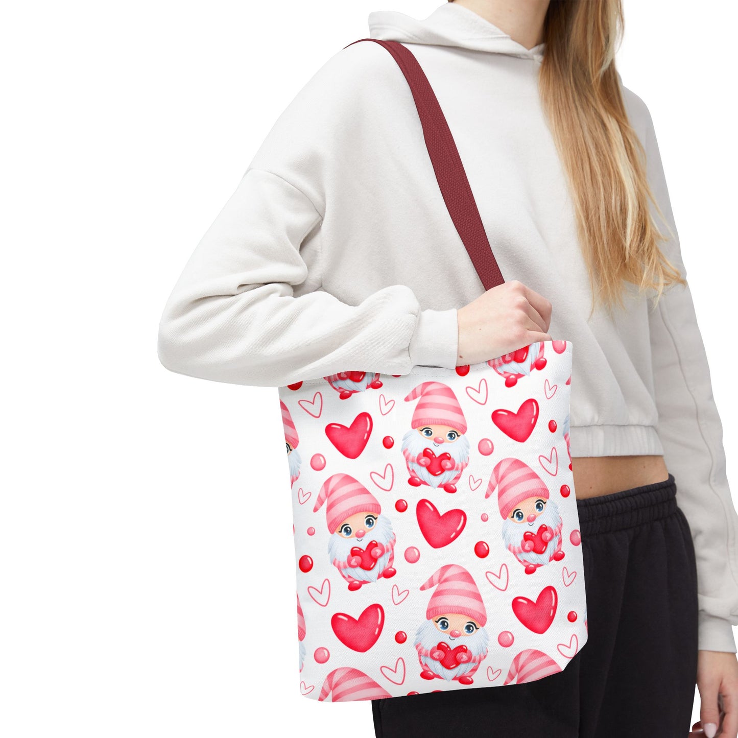 Cute Pink Gnome Tote Bag, Reusable Heart Grocery Bag, Love Themed Purse, AOP Shopping Tote, Valentine's Gift Idea