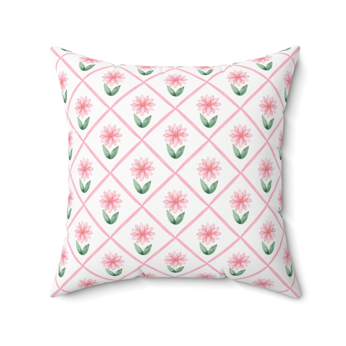 A square throw pillow with a pink daisy lattice pattern on a white background, shown against a plain white backdrop.