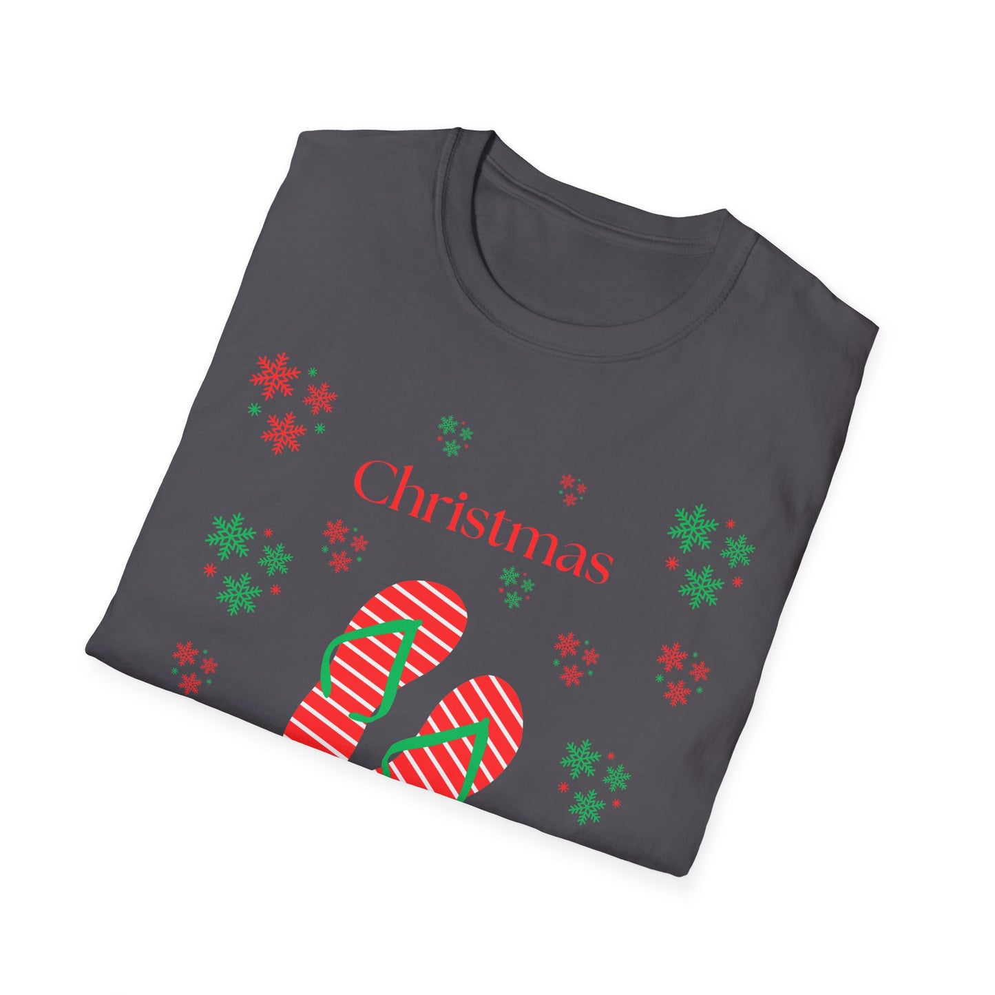 Christmas In July Softstyle T-Shirt, Holiday Apparel, Gift Idea, Summer Vibes, Casual Wear, Holiday Flip Flops