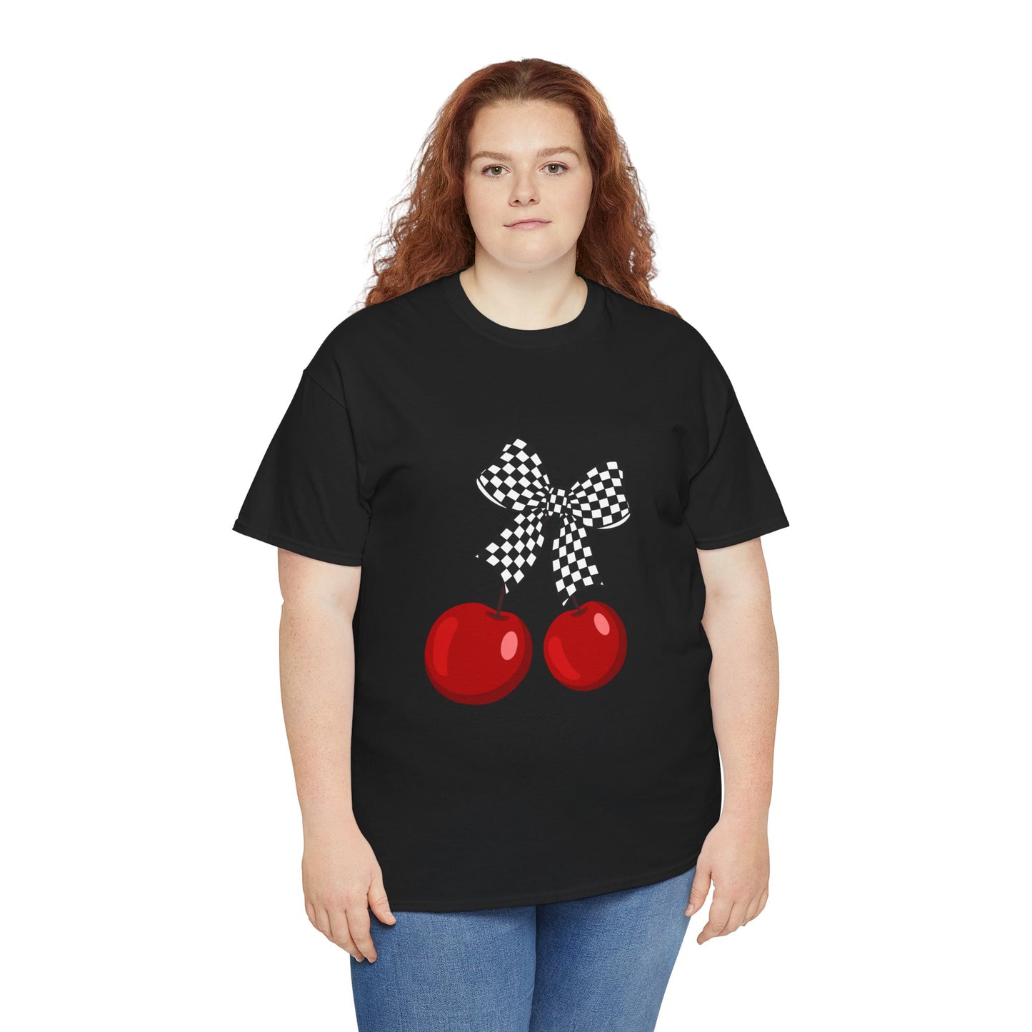 Cherry Bow Unisex Heavy Cotton Tee, Cute Graphic Tee, Casual Wear, Summer Shirt, Perfect Gift, Retro Style Tee
