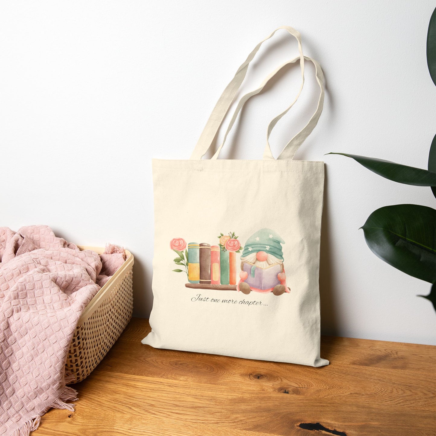 Just One More Chapter Gnome Book Lover Canvas Tote Bag, Eco-Friendly Shopping, Gifts for Readers, Mother's Day, Book Clubs