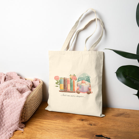Just One More Chapter Gnome Book Lover Canvas Tote Bag, Eco-Friendly Shopping, Gifts for Readers, Mother's Day, Book Clubs