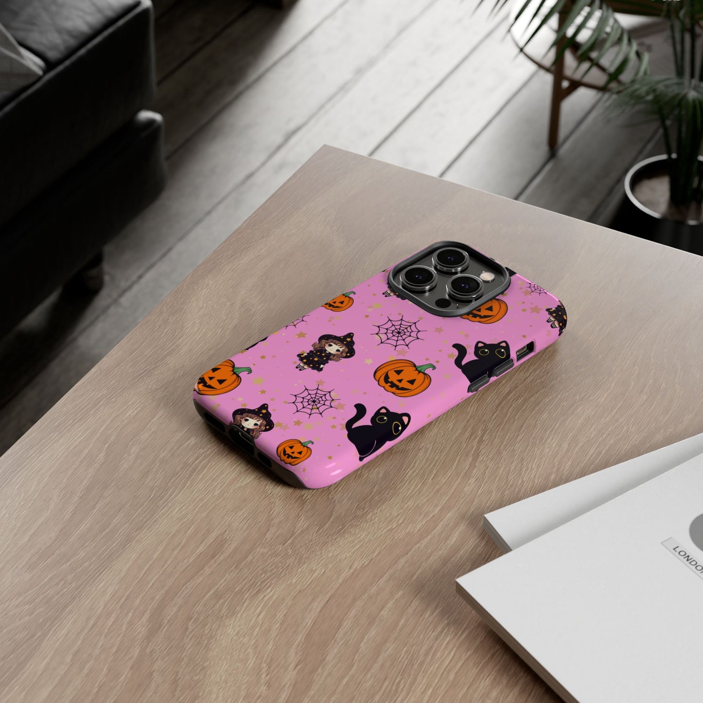 Pink Halloween Phone Case, Cute Witch and Cat Design, Spooky Fall Decor, Perfect Halloween Gift, Cute Cell Phone Case, Fun Pumpkin Design