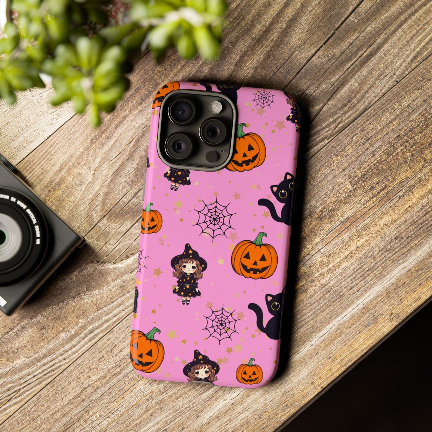 Pink Halloween Phone Case, Cute Witch and Cat Design, Spooky Fall Decor, Perfect Halloween Gift, Cute Cell Phone Case, Fun Pumpkin Design