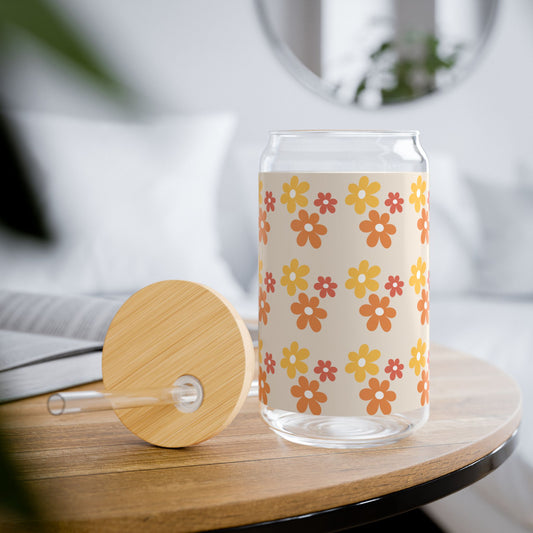 Boho Floral Sipper Glass, 16oz | Retro Drinkware, Summer Hydration, Party Favors, Kitchen Decor, Gift Idea