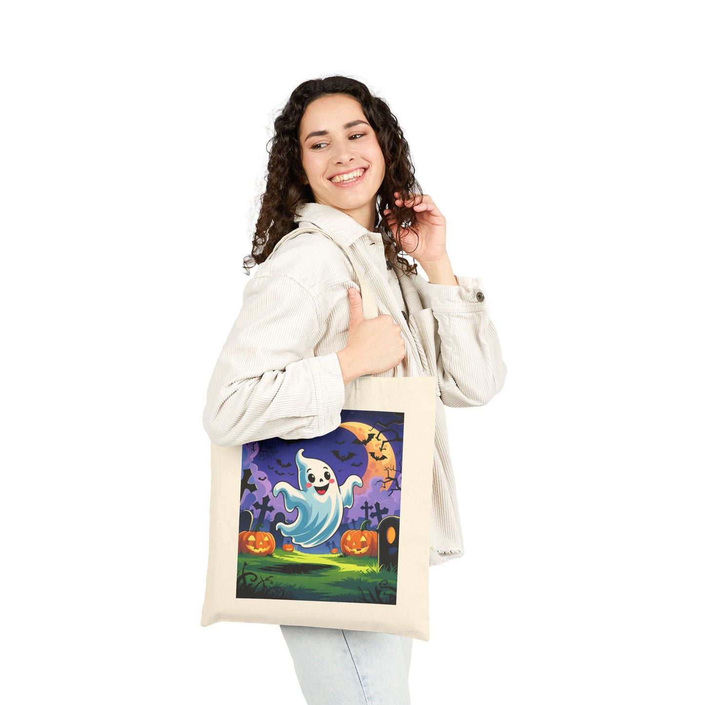 Cotton Canvas Tote Bag - Cute Cartoon Ghost Halloween Bag, Trick or Treat Bag, Halloween Party Bag, Halloween Gift, Halloween Costume