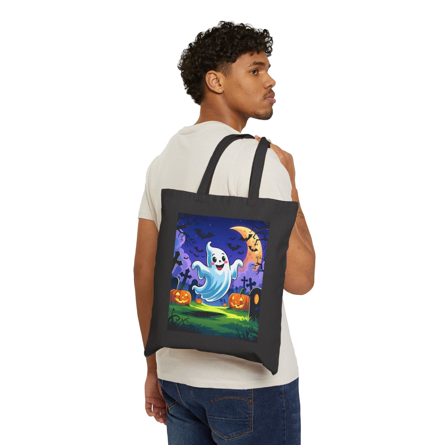 Cotton Canvas Tote Bag - Cute Cartoon Ghost Halloween Bag, Trick or Treat Bag, Halloween Party Bag, Halloween Gift, Halloween Costume