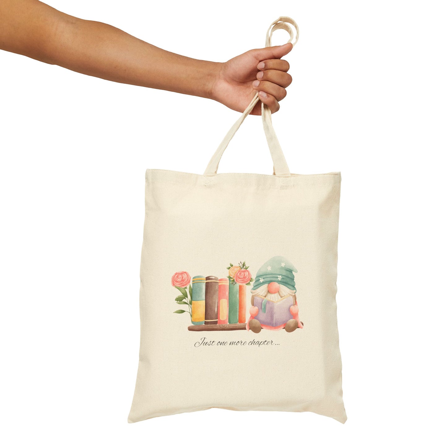 Just One More Chapter Gnome Book Lover Canvas Tote Bag, Eco-Friendly Shopping, Gifts for Readers, Mother's Day, Book Clubs