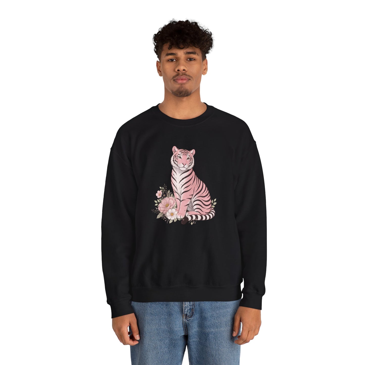 A cozy unisex sweatshirt featuring a pink tiger sitting among pastel flowers