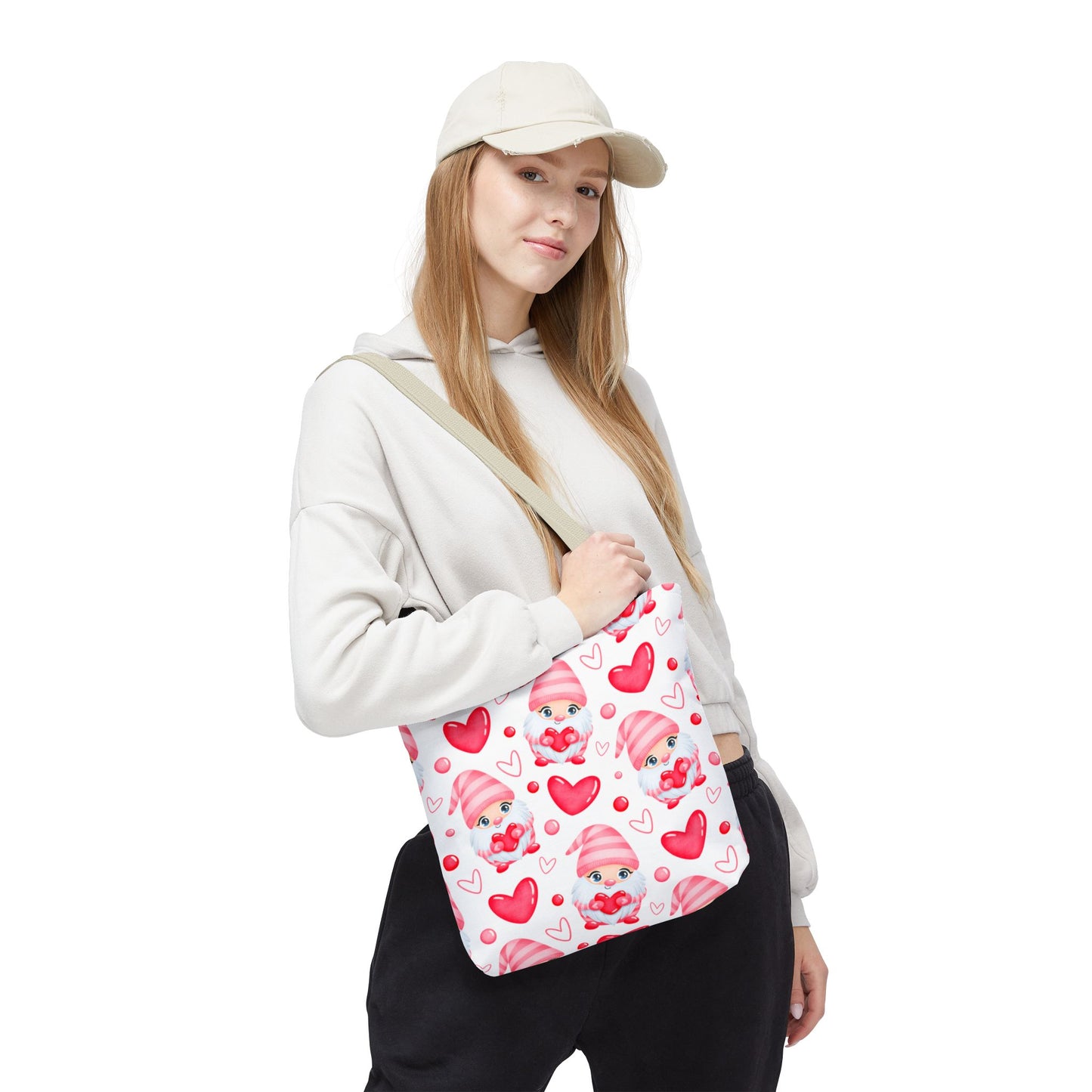 Cute Pink Gnome Tote Bag, Reusable Heart Grocery Bag, Love Themed Purse, AOP Shopping Tote, Valentine's Gift Idea