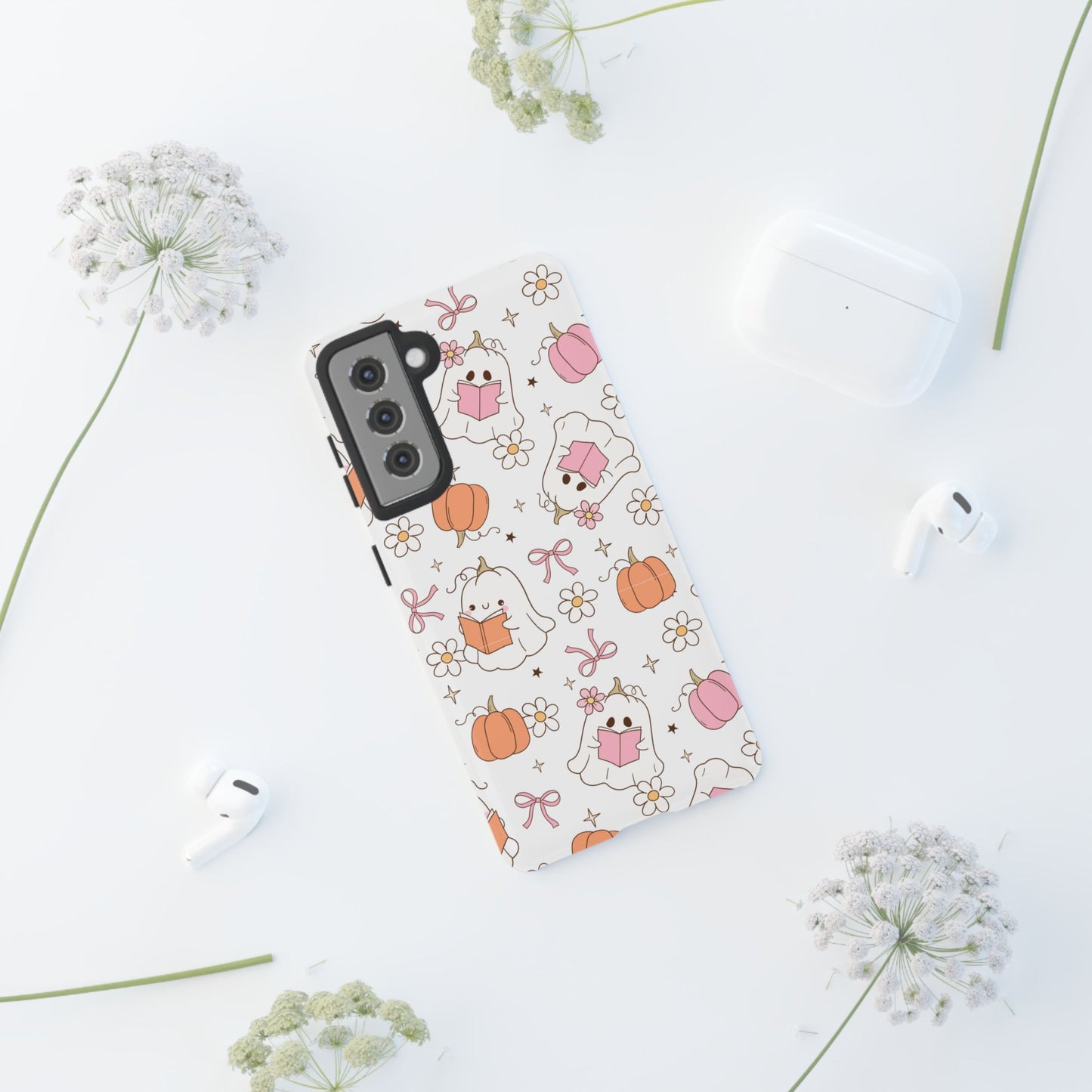 Pink Ghost and Pumpkin Phone Case, Halloween Decor, Girlfriend Gift, Kawaii Phone Cover, Fall Accessories