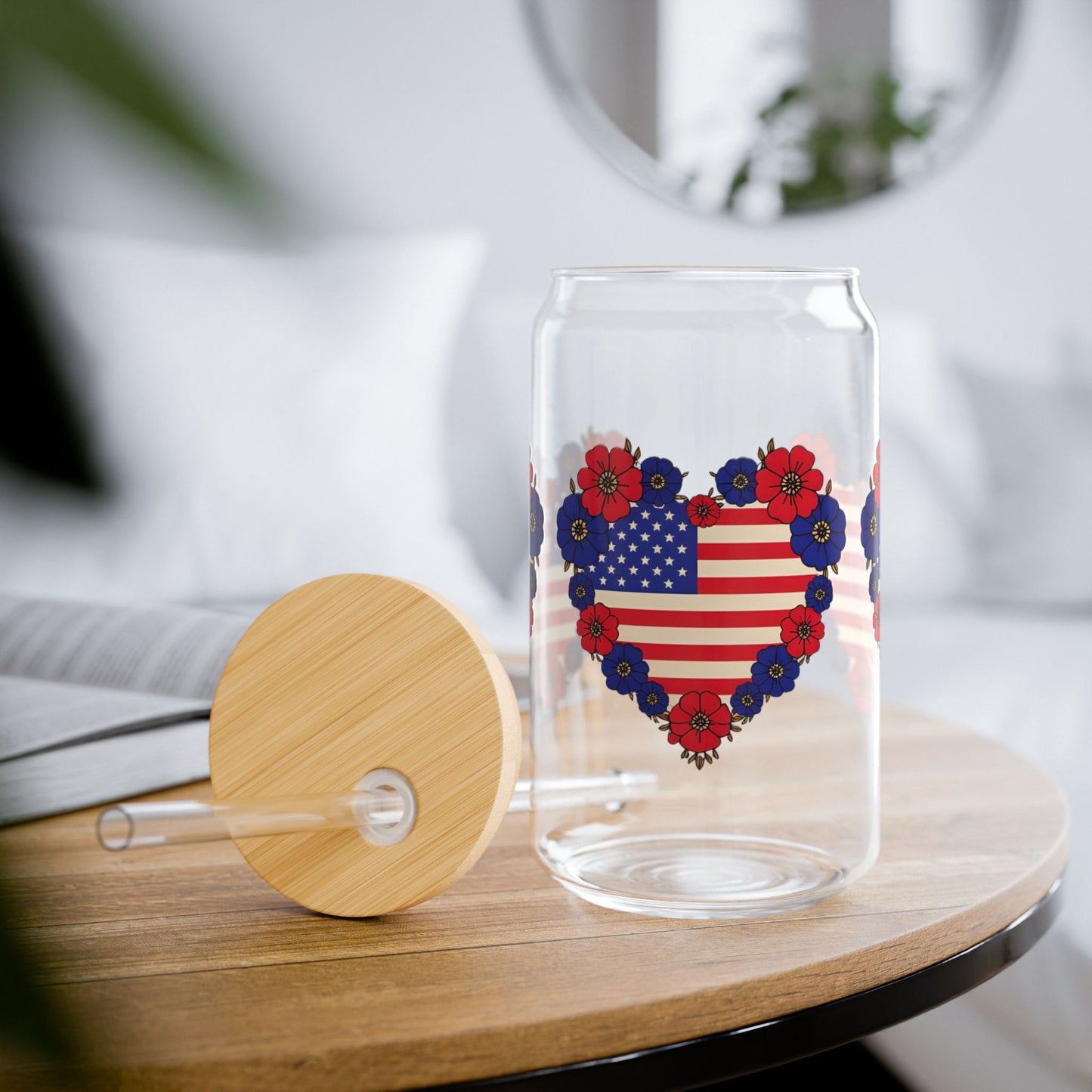 Patriotic Floral Heart Sipper Glass, 16oz - USA Heart Design, Floral Water Bottle, Summer Drinkware, Eco-Friendly Tumblers