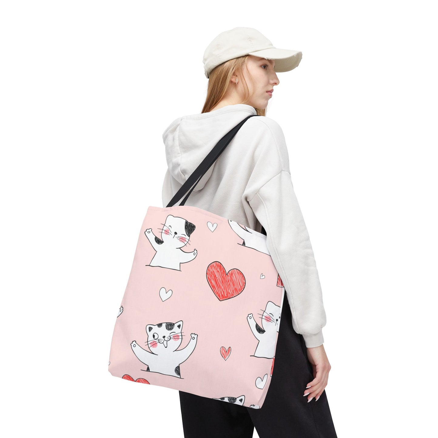 Cute Cat & Heart Canvas Tote Bag – Pink Reusable Shopping Bag for Cat Lovers