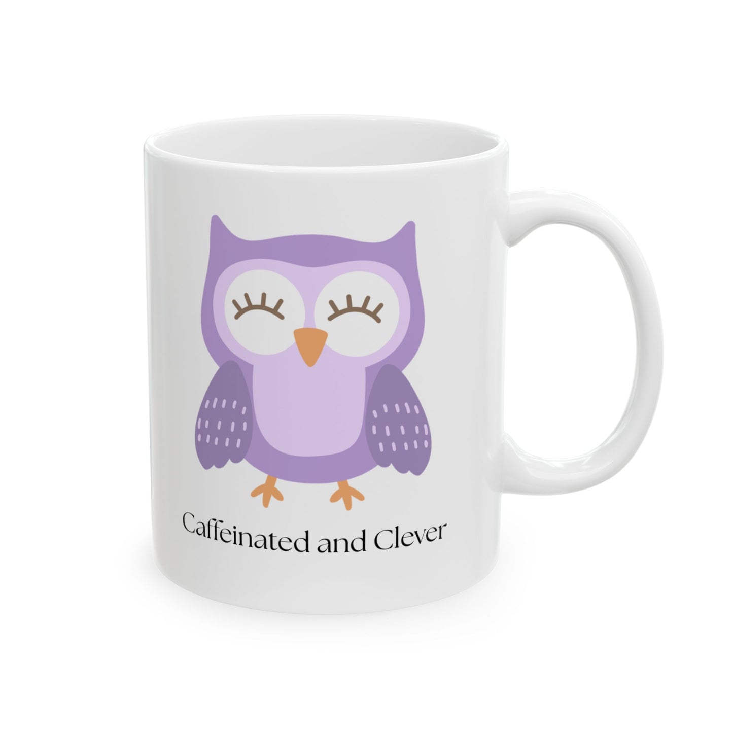 Caffeinated and Clever Mug, Cute Purple Owl Coffee Cup, Ceramic Mug for Book Lovers & Owl Fans