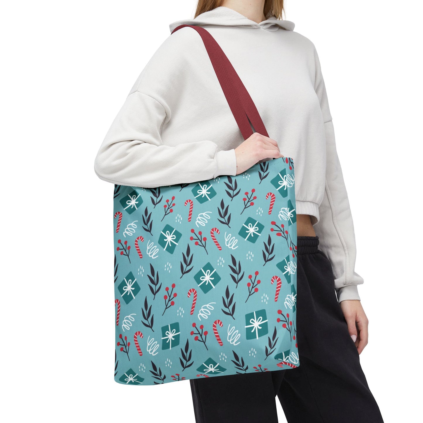 Holiday Gift Pattern Tote Bag – Teal Christmas Candy Cane & Berry Design