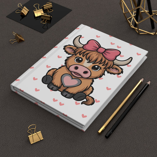 Cute Highland Cow Hardcover Journal – Adorable Notebook with Hearts & Bow Design