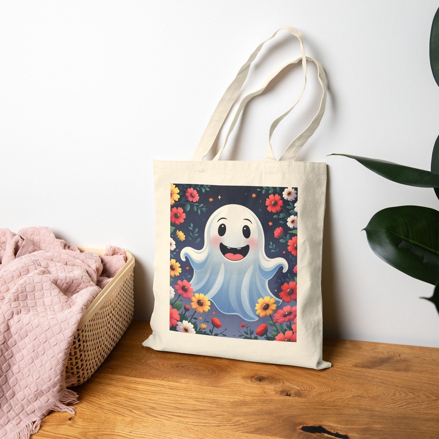 Floral Ghost Cotton Canvas Tote Bag, Eco-Friendly Shopping Tote, Halloween Gift, Beach Bag, Reusable Grocery Bag