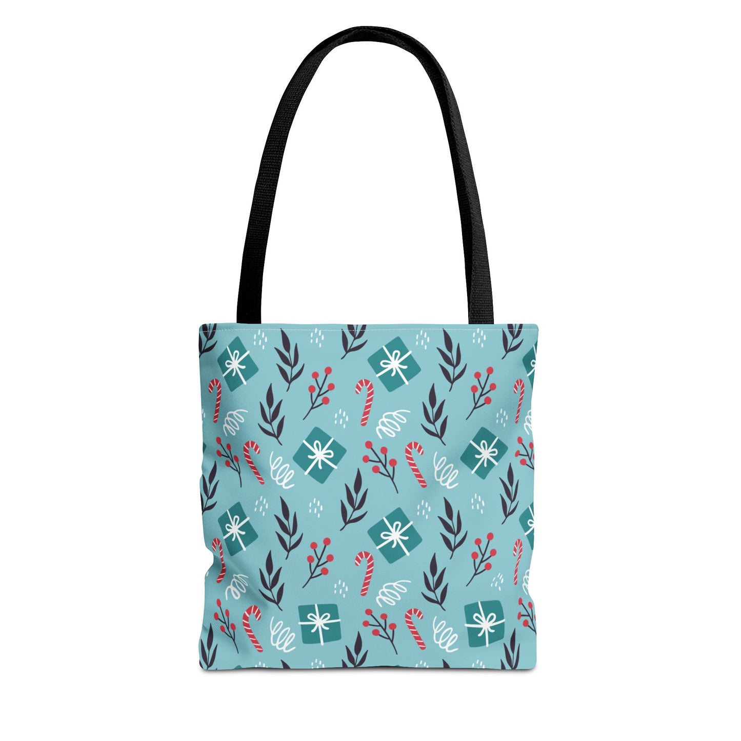Holiday Gift Pattern Tote Bag – Teal Christmas Candy Cane & Berry Design
