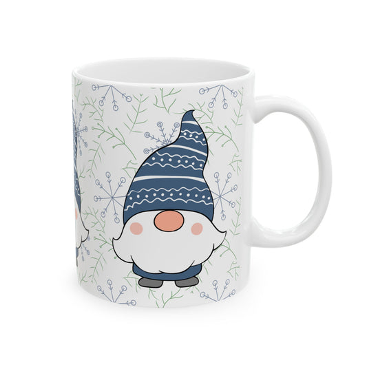 Blue Gnome Winter Mug, Snowflake Ceramic Coffee Cup, Cozy Christmas Gift, 11oz Holiday Gnome Mug