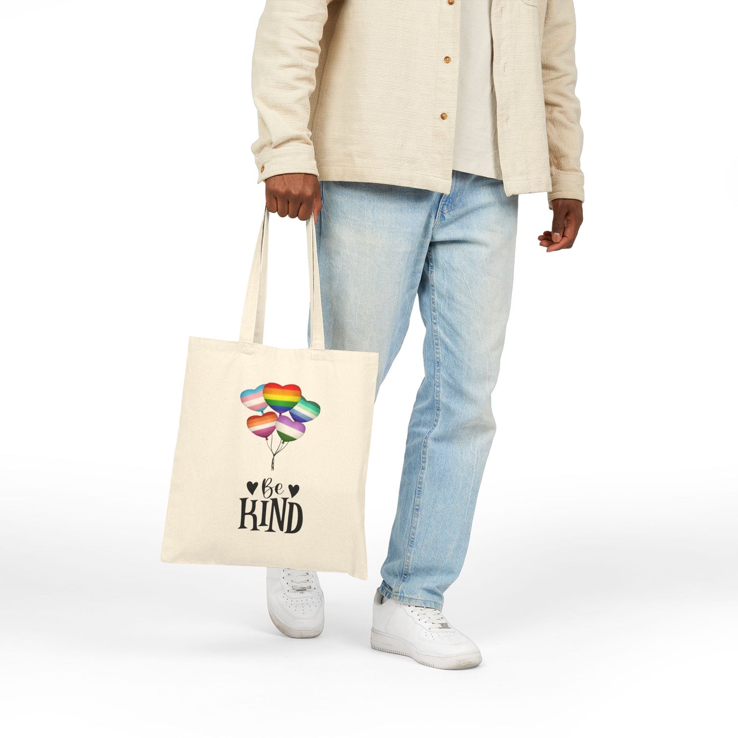 Rainbow Hearts "Be Kind" Cotton Canvas Tote Bag - Eco-Friendly Shopping, Pride, Everyday Use, Reusable Bags