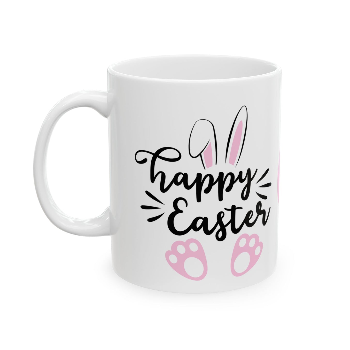 Adorable Happy Easter bunny mug with cute ears & paw prints.