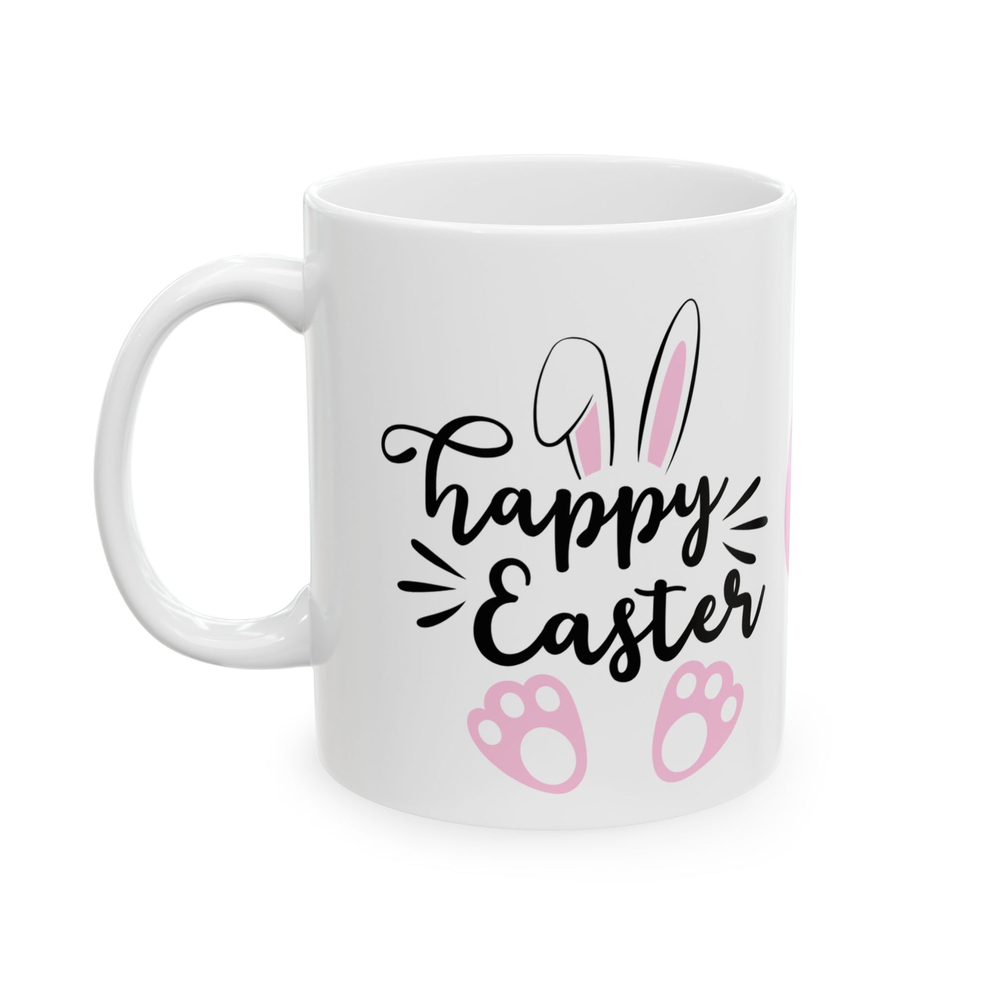 Adorable Happy Easter bunny mug with cute ears & paw prints.