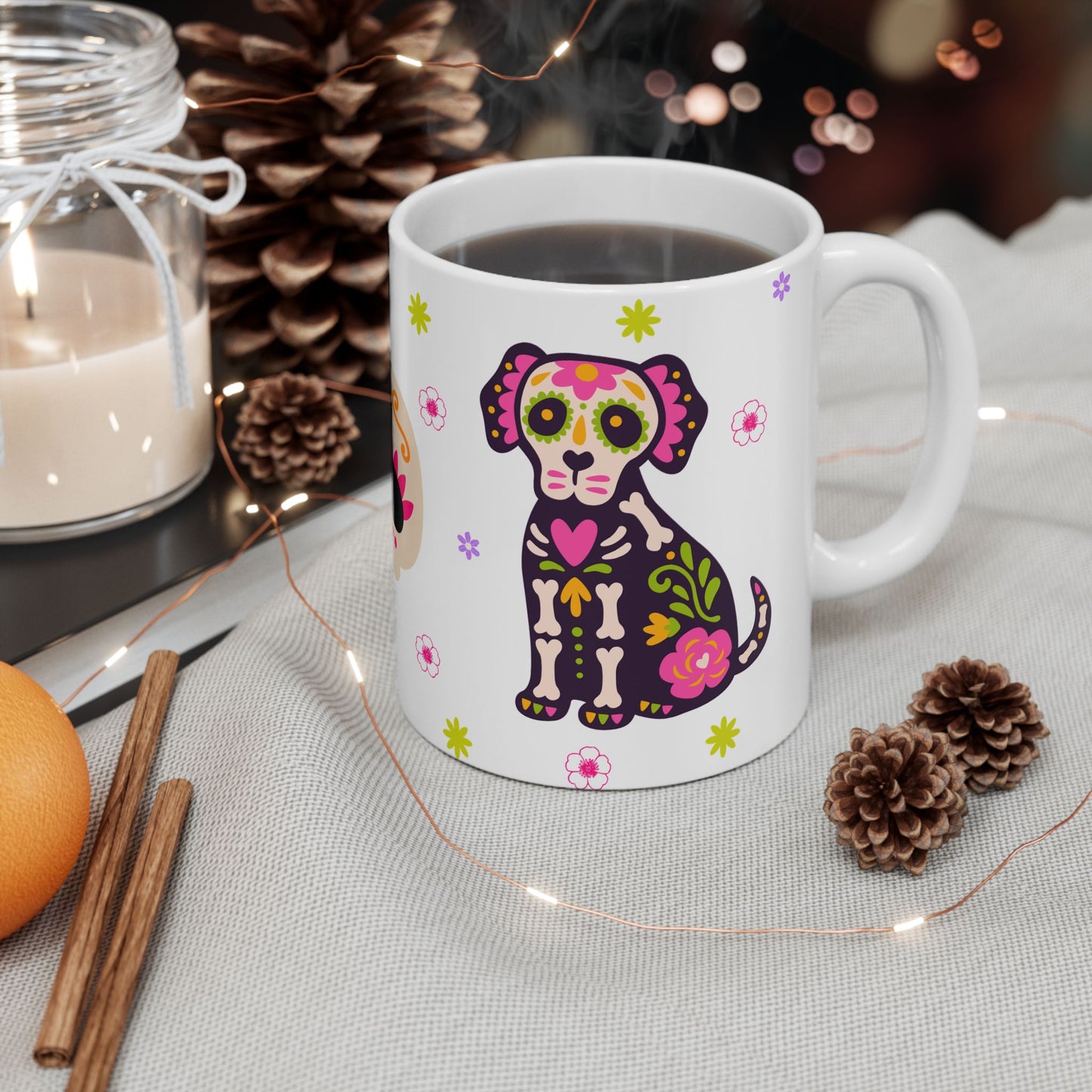 Colorful Day of the Dead Ceramic Mug, Halloween Gift, Sugar Skull Cup, Dog Lover's Mug, Festive Coffee Tea Cup