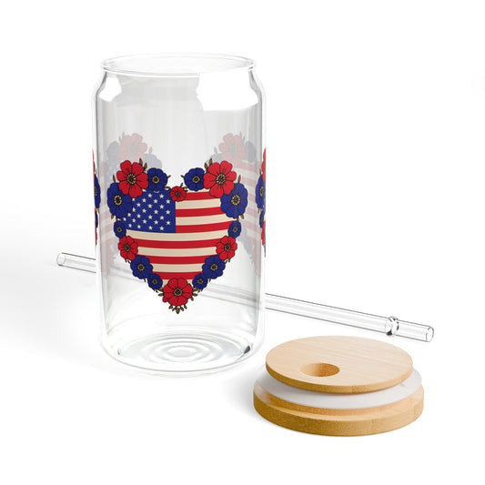 Patriotic Floral Heart Sipper Glass, 16oz - USA Heart Design, Floral Water Bottle, Summer Drinkware, Eco-Friendly Tumblers