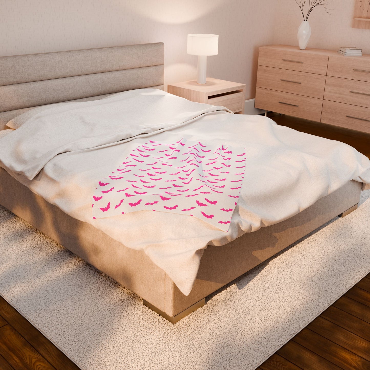 Pink Bat Blanket, White Plush Throw Blanket, Cute Halloween Blanket, Cozy Soft Bat Decor Gift