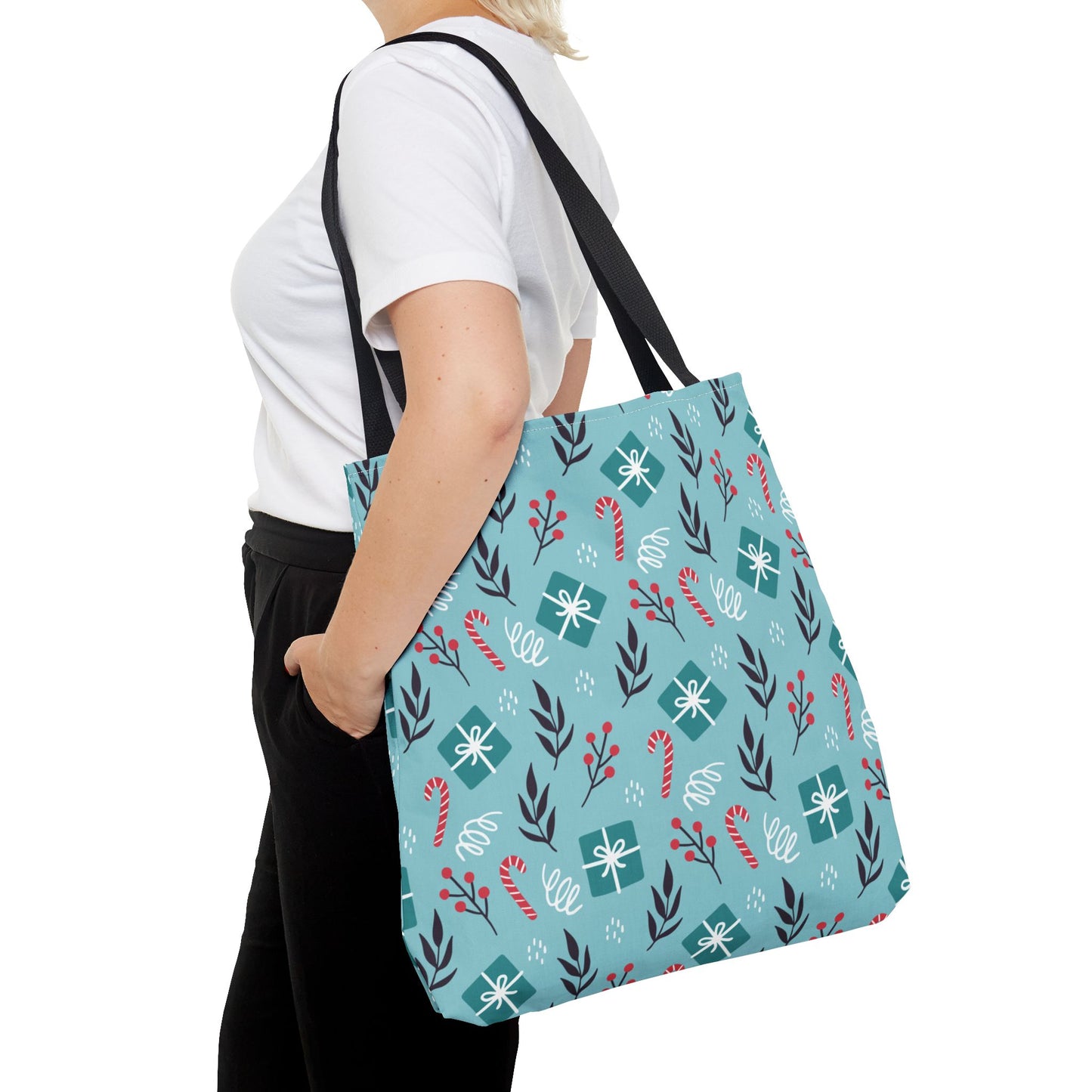 Holiday Gift Pattern Tote Bag – Teal Christmas Candy Cane & Berry Design