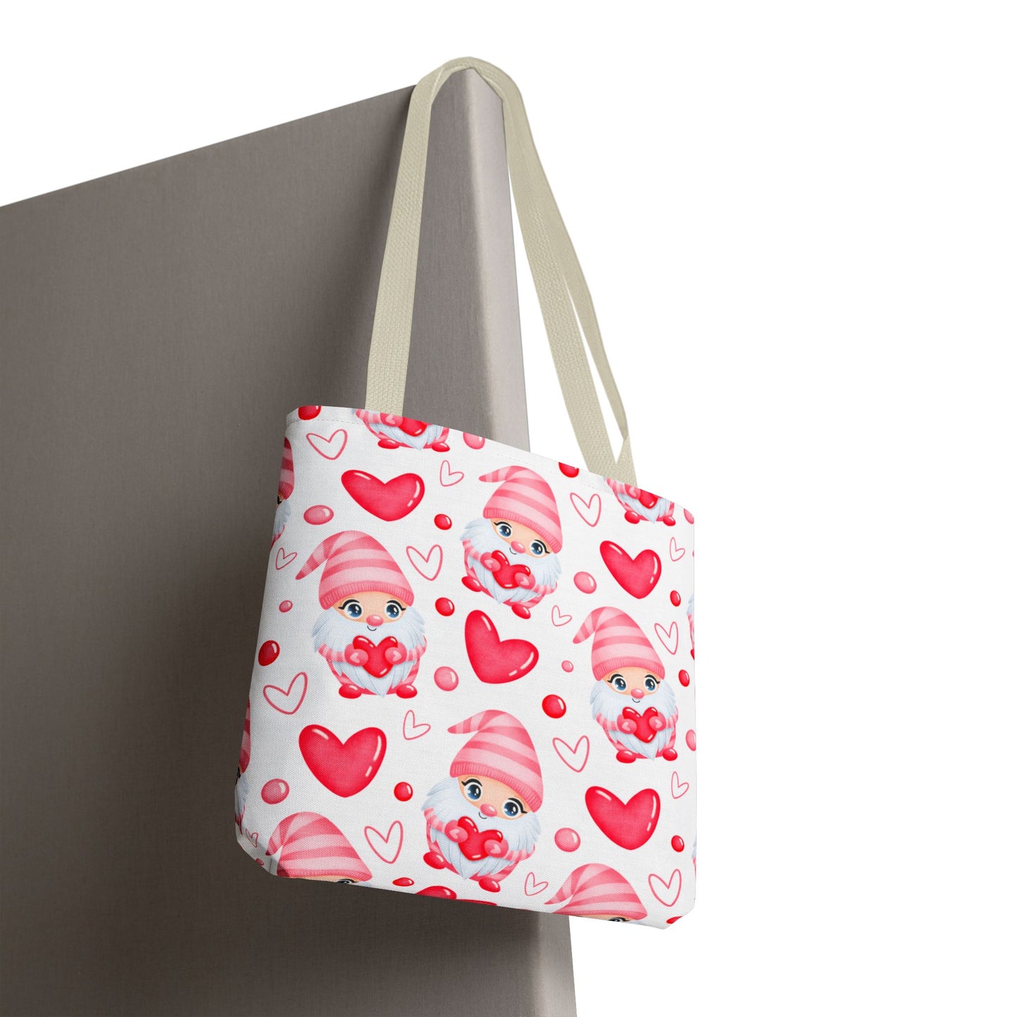 Cute Pink Gnome Tote Bag, Reusable Heart Grocery Bag, Love Themed Purse, AOP Shopping Tote, Valentine's Gift Idea