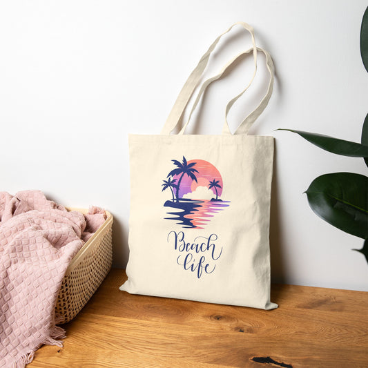 Beach Life Cotton Canvas Tote Bag – Coastal Palm Sunset Design