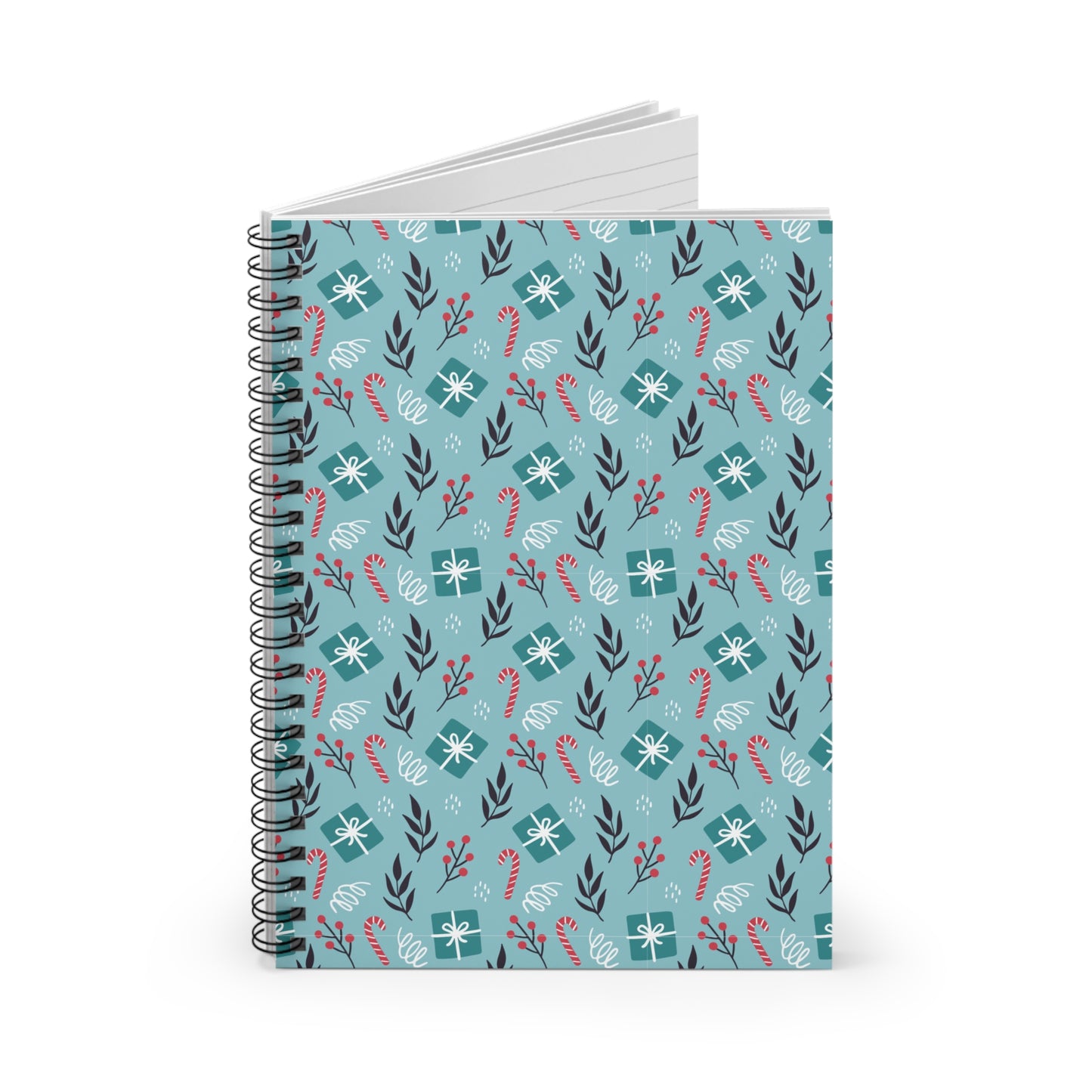 Holiday Gift Pattern Spiral Notebook – Teal Christmas Candy Cane & Berry Design