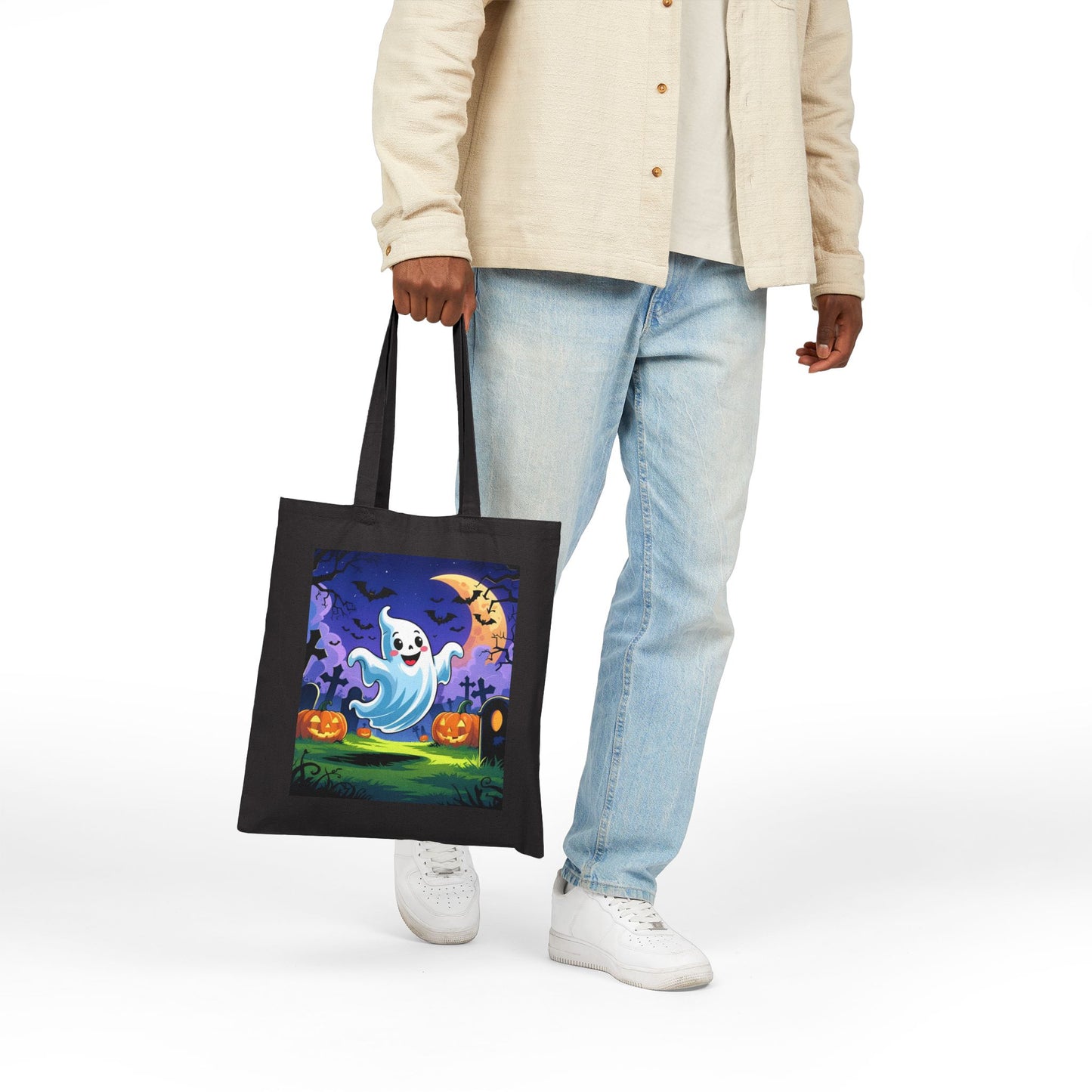 Cotton Canvas Tote Bag - Cute Cartoon Ghost Halloween Bag, Trick or Treat Bag, Halloween Party Bag, Halloween Gift, Halloween Costume