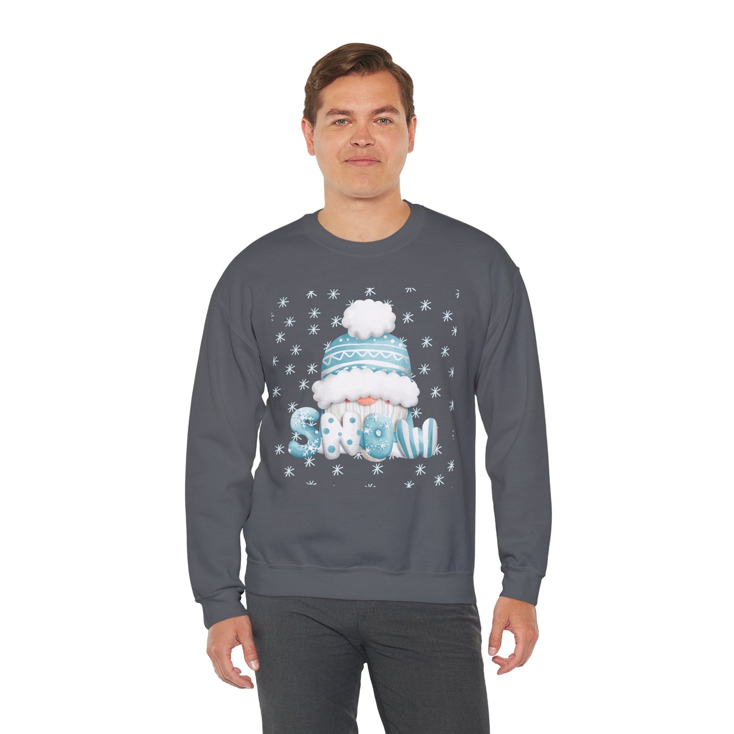 Winter Gnome "Snow" Sweatshirt, Cozy Holiday Crewneck, Cute Gnome Snowflake Graphic Top