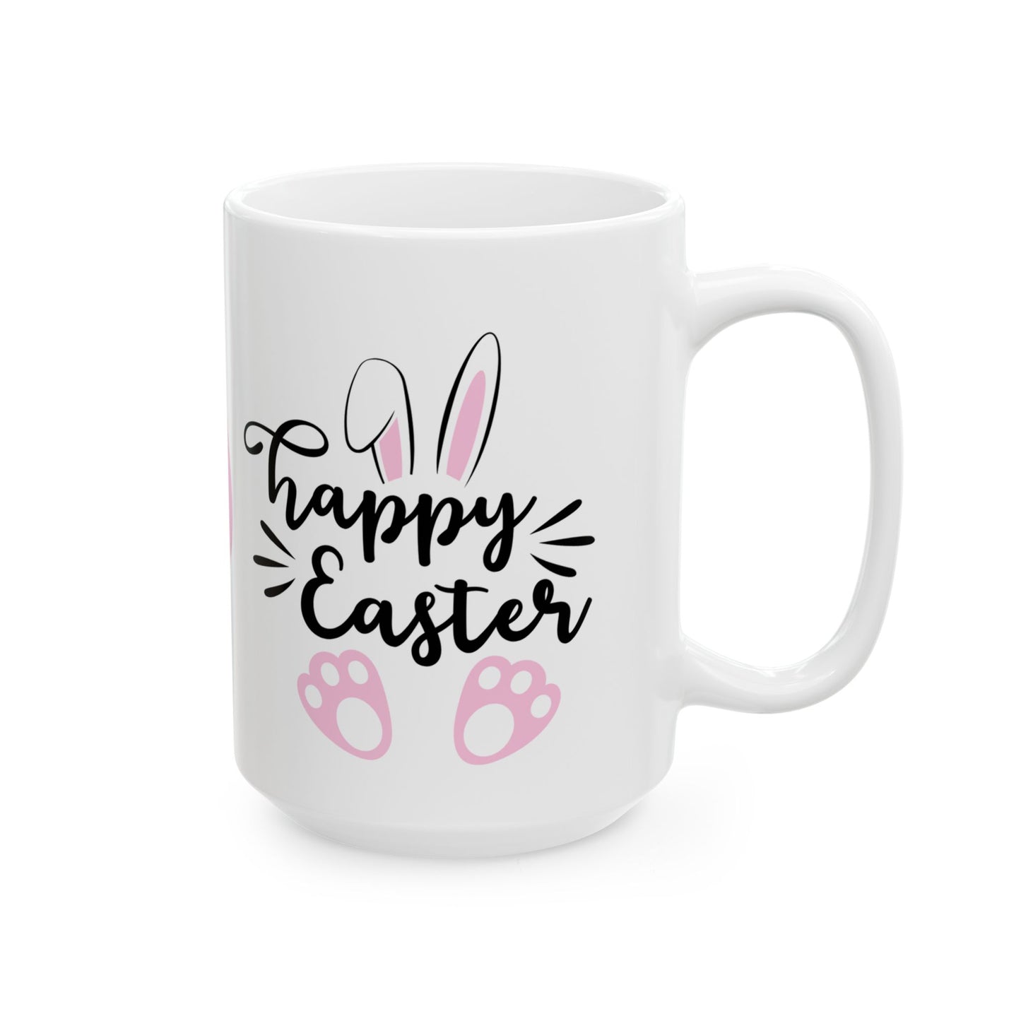 Adorable Happy Easter bunny mug with cute ears & paw prints.