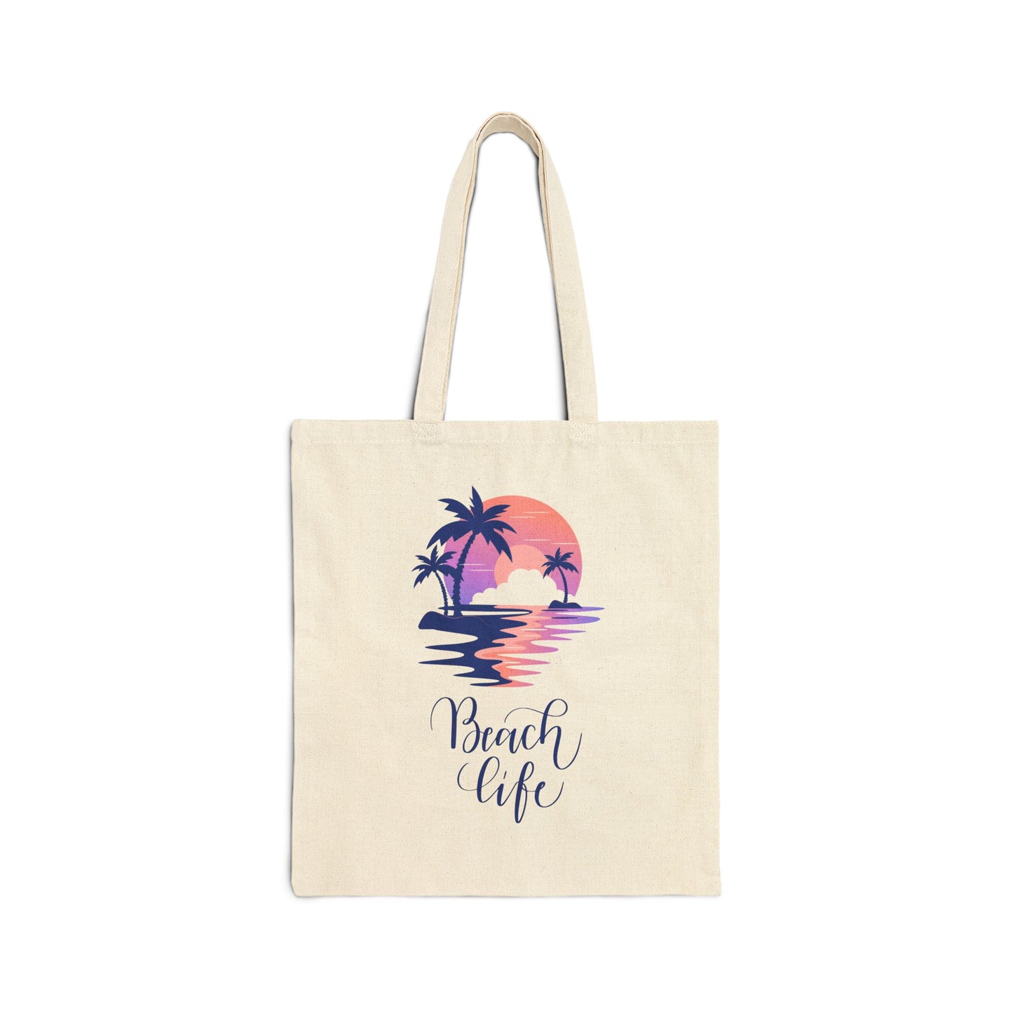 Beach Life Cotton Canvas Tote Bag – Coastal Palm Sunset Design