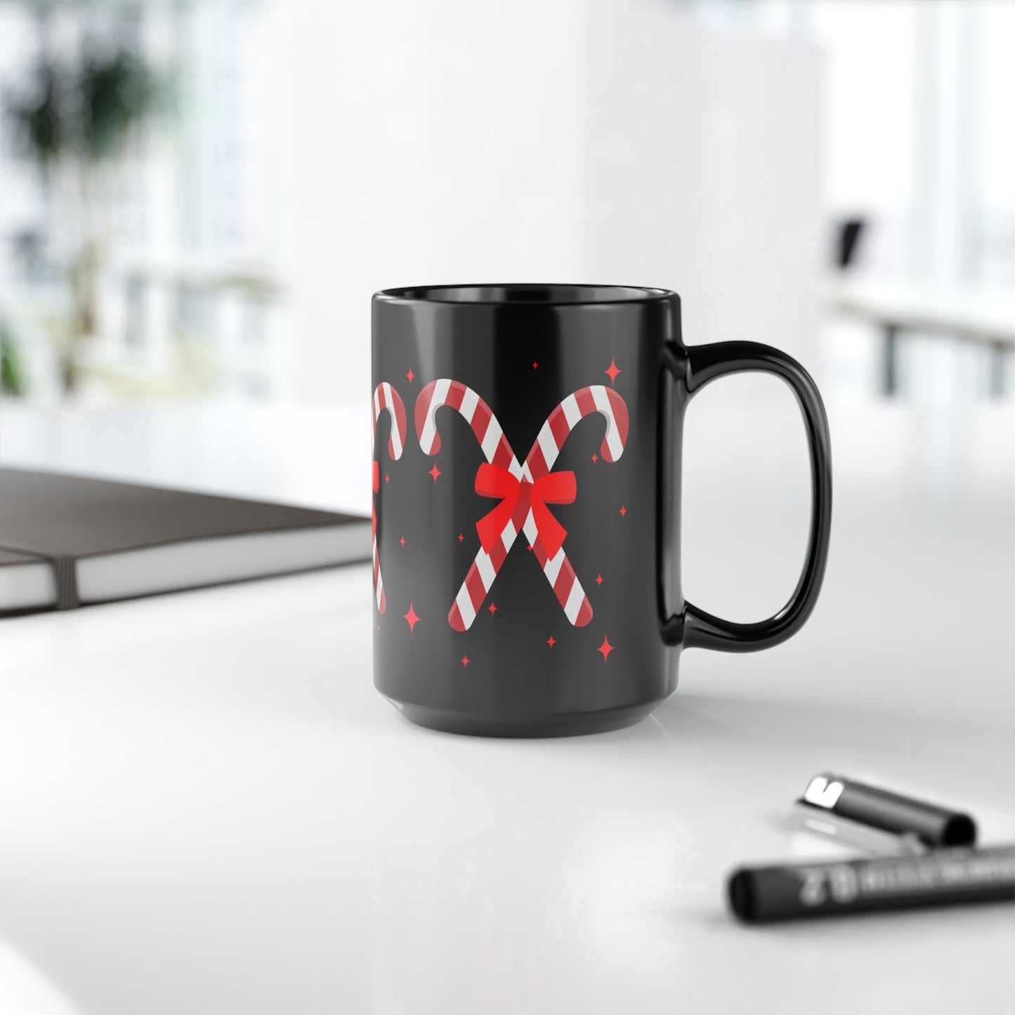 Candy Cane Black Ceramic Mug – Festive Christmas Coffee Cup with Red Bow Design