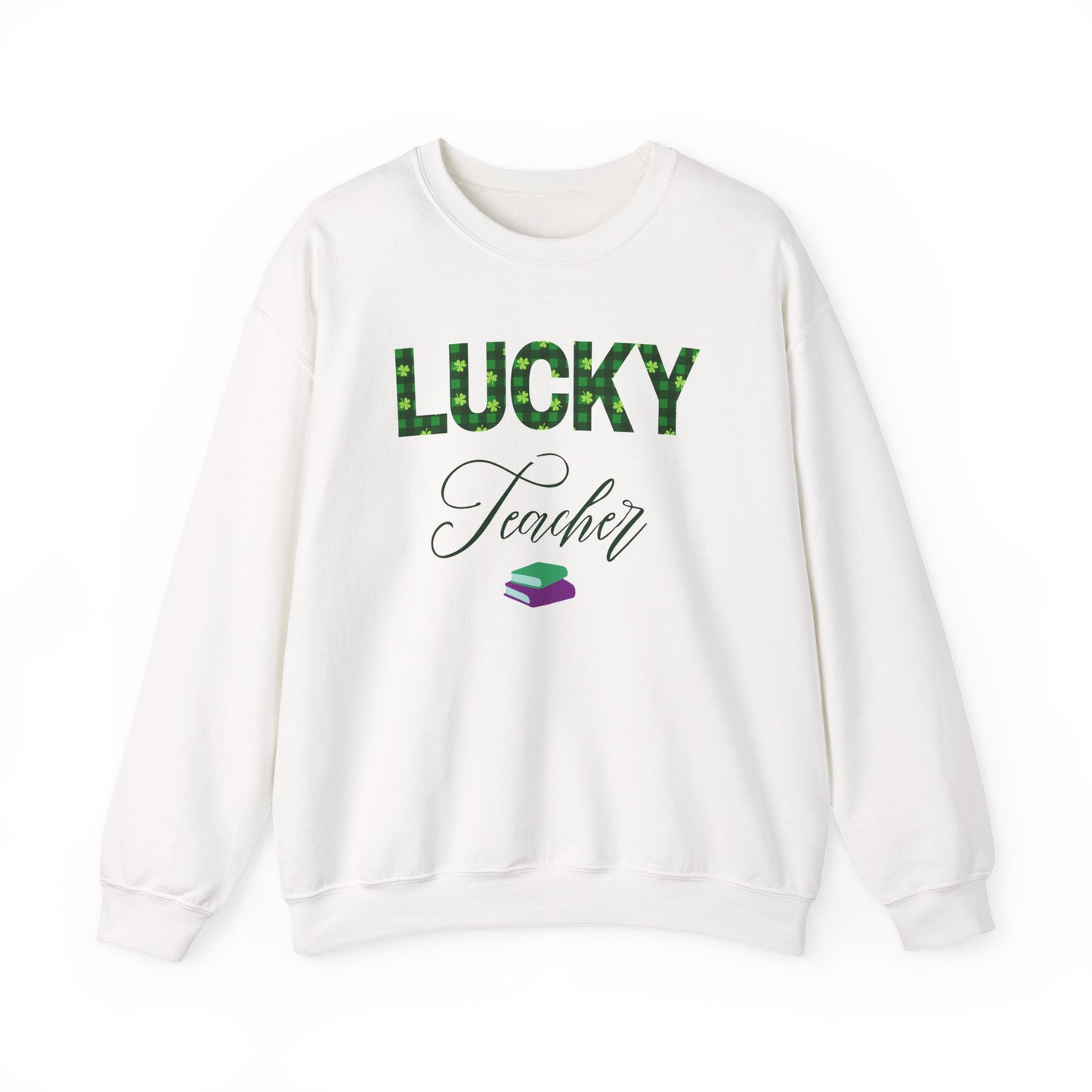 Lucky Teacher sweatshirt with green clover letters and book icon, St. Patrick’s Day design.