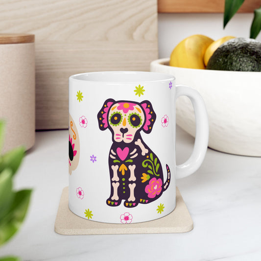 Colorful Day of the Dead Ceramic Mug, Halloween Gift, Sugar Skull Cup, Dog Lover's Mug, Festive Coffee Tea Cup