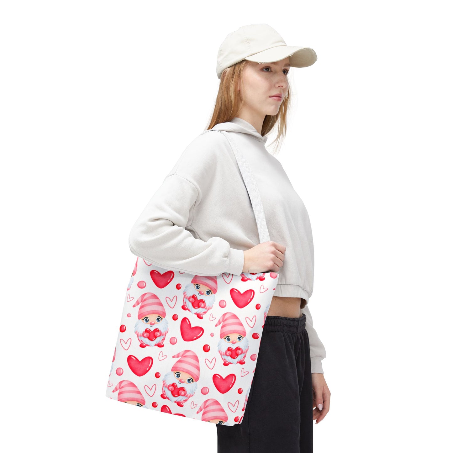 Cute Pink Gnome Tote Bag, Reusable Heart Grocery Bag, Love Themed Purse, AOP Shopping Tote, Valentine's Gift Idea