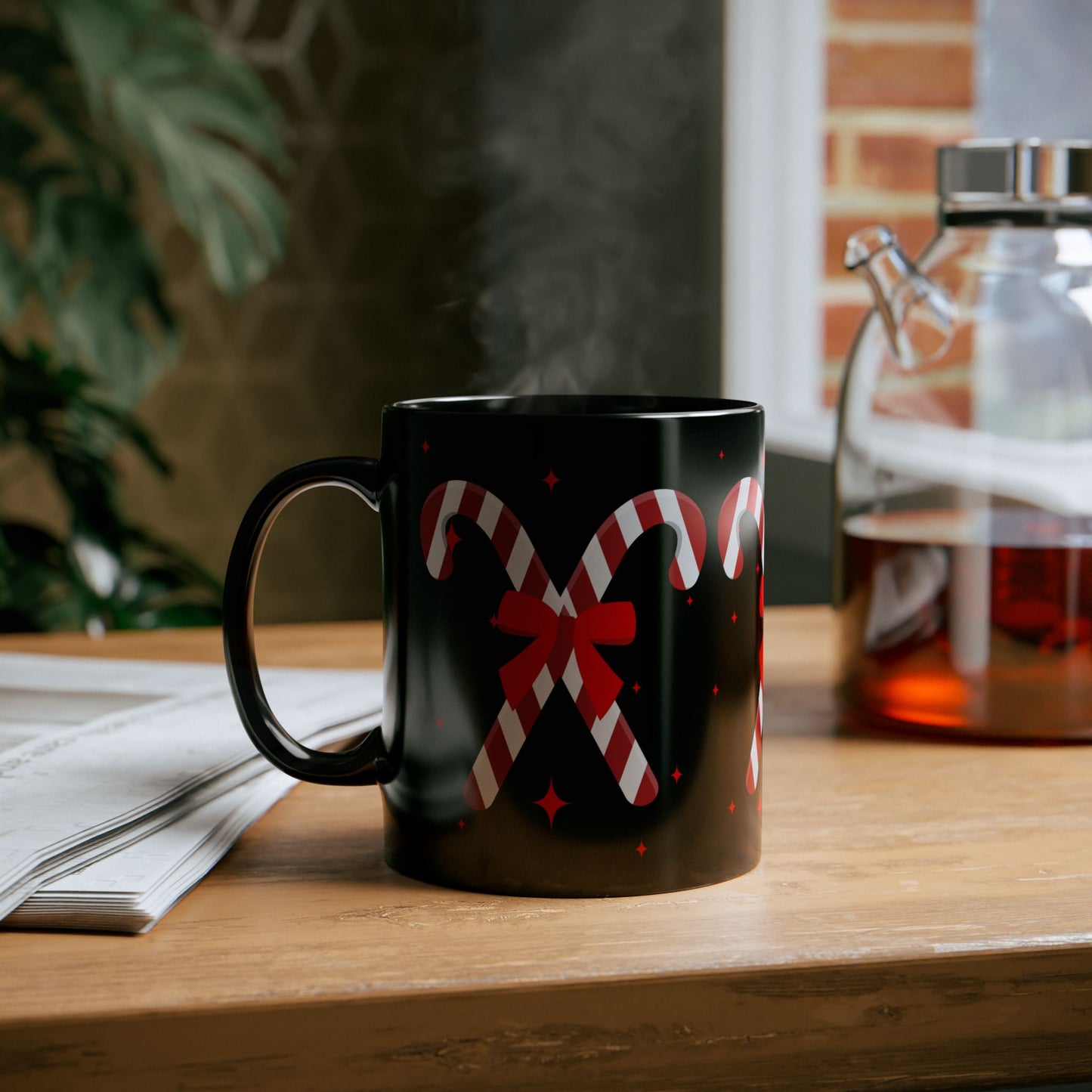 Candy Cane Black Ceramic Mug – Festive Christmas Coffee Cup with Red Bow Design