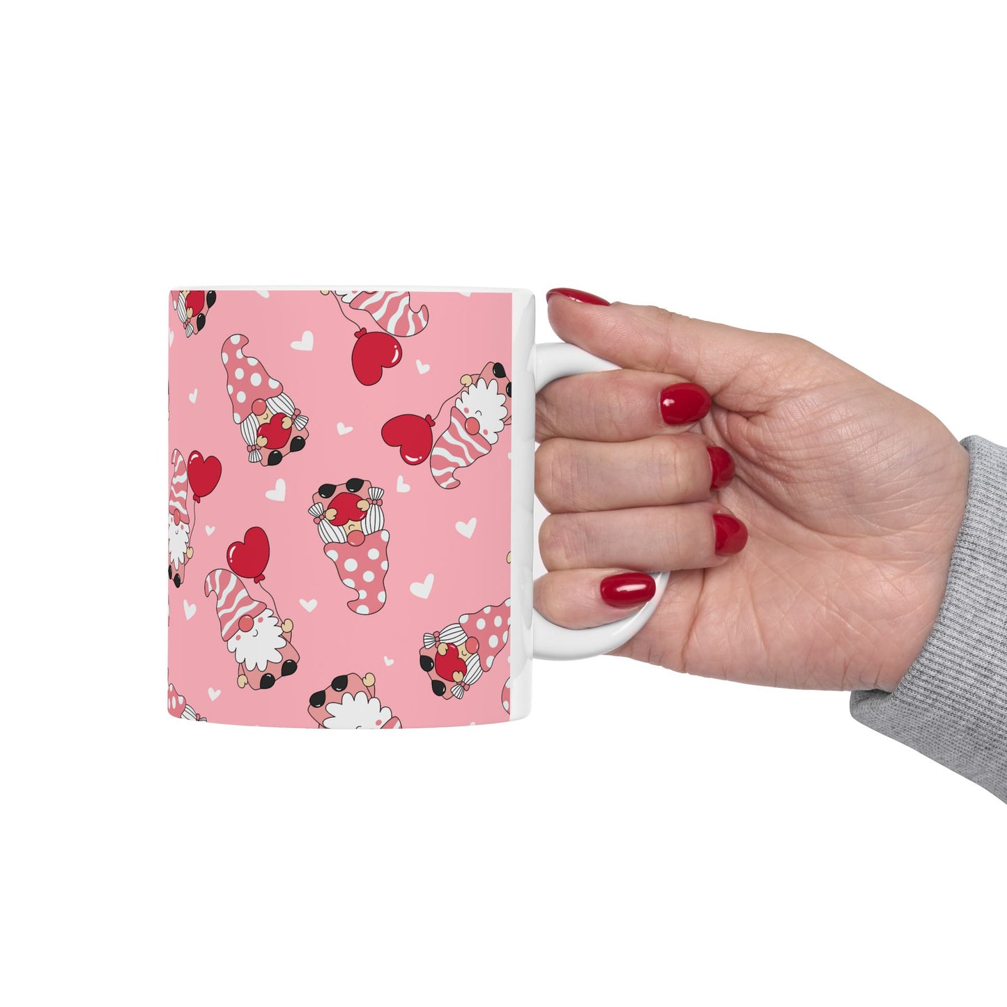 Valentine Gnome Mug, Pink Heart Mug for Her, Cute Gnome Coffee Cup, Romantic Gift for Girlfriend, Whimsical Valentine's Day Mug