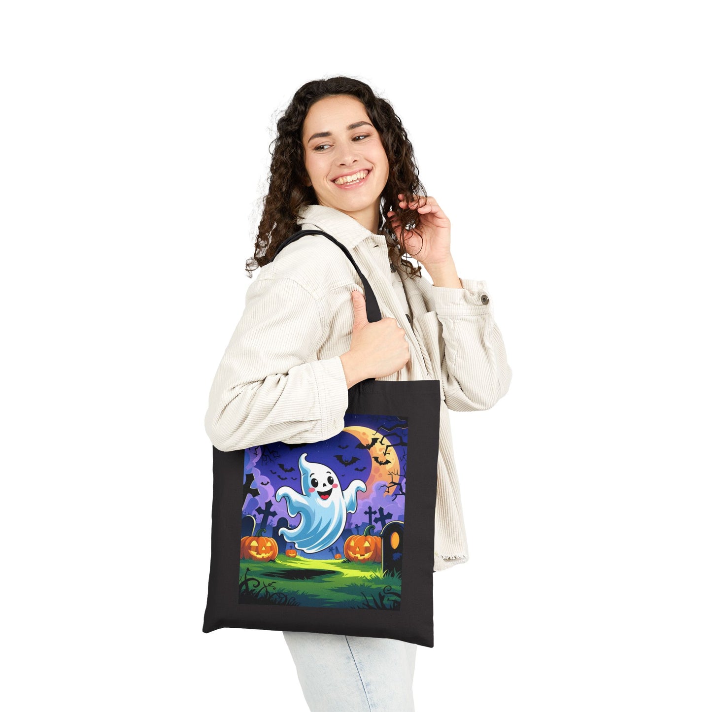 Cotton Canvas Tote Bag - Cute Cartoon Ghost Halloween Bag, Trick or Treat Bag, Halloween Party Bag, Halloween Gift, Halloween Costume