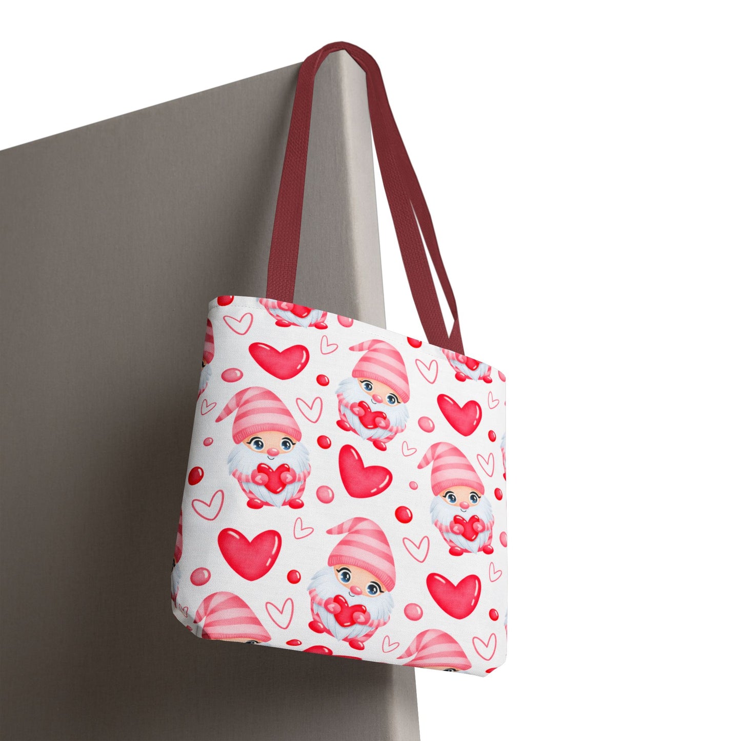 Cute Pink Gnome Tote Bag, Reusable Heart Grocery Bag, Love Themed Purse, AOP Shopping Tote, Valentine's Gift Idea